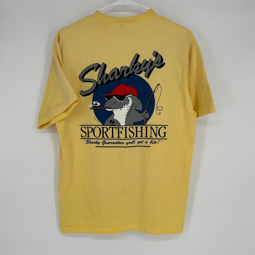 Vintage 90s Crazy Shirts Sharky's Sportfishing T-Shirt Yellow Large Made in USA